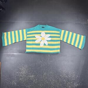 J Anna Sweater Women Medium Turquoise Yellow Striped Daisy Floral Kimono Cropped